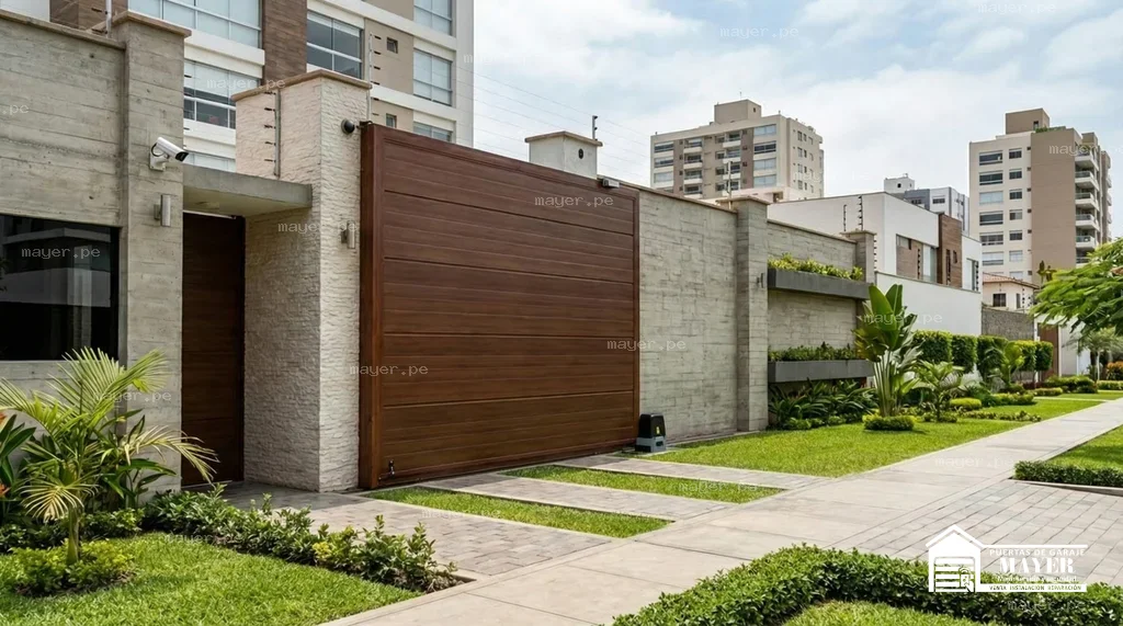 Puerta corrediza tipo madera fachada concreto urbana