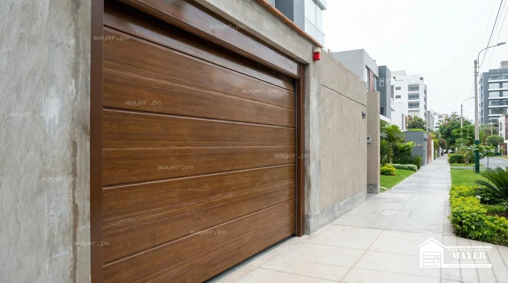 Puerta de garaje seccional tipo madera edificios modernos calle