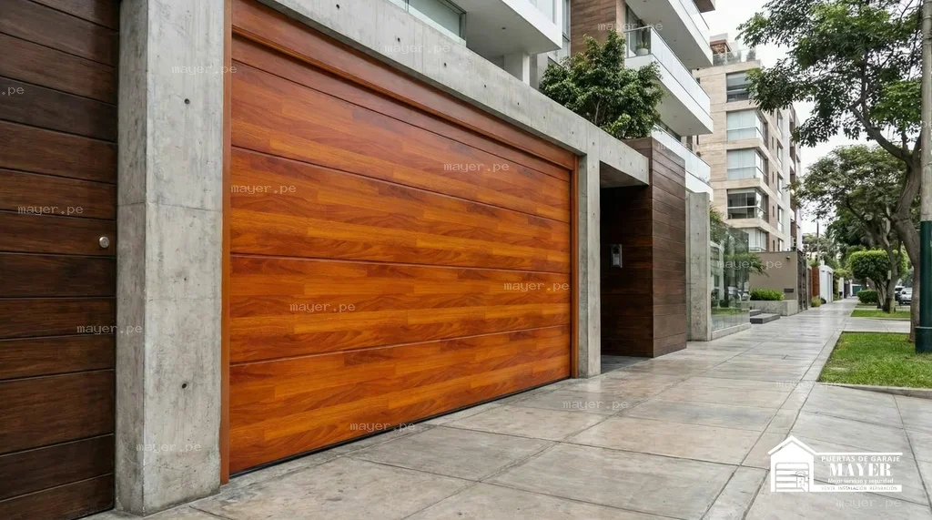 Puerta seccional tipo madera marco concreto fachada