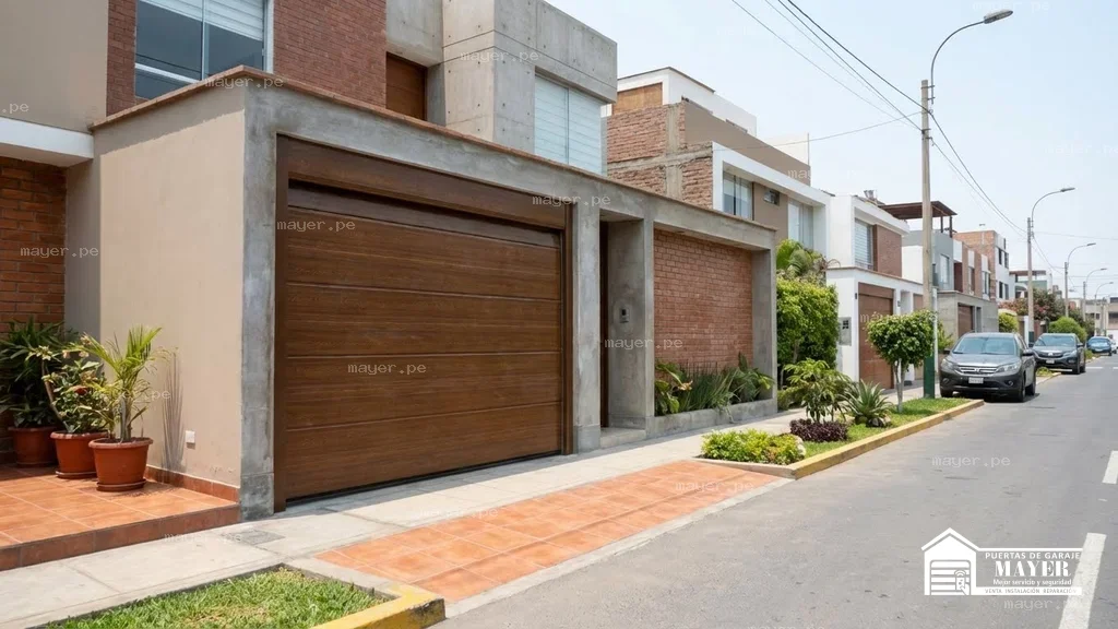Puerta seccional tipo madera oscura entrada garaje